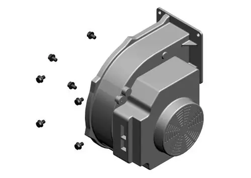 Bosch-Gebläse mit runder Gehäuseform und Lüfterrad, umgeben von mehreren Schrauben.